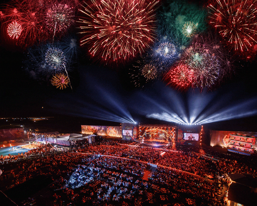 Fireworks in the sky above festival-goers at the Zhara festival in Baku