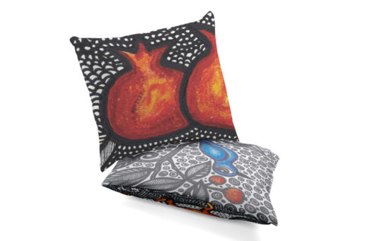 Pomegranate and blue bird double-sided pillow from Baku Corner A double sided pillow featuring pomegranates and a blue bird