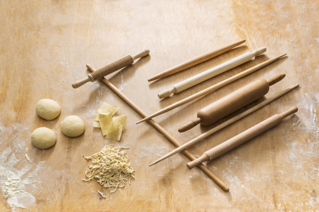 Dough, pasta and rolling pins 