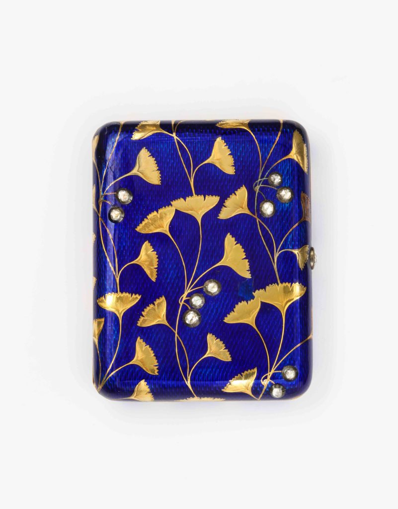 Fabergé Cigarette case c. 1910. Gold gingko leaf, blue enamel and diamonds