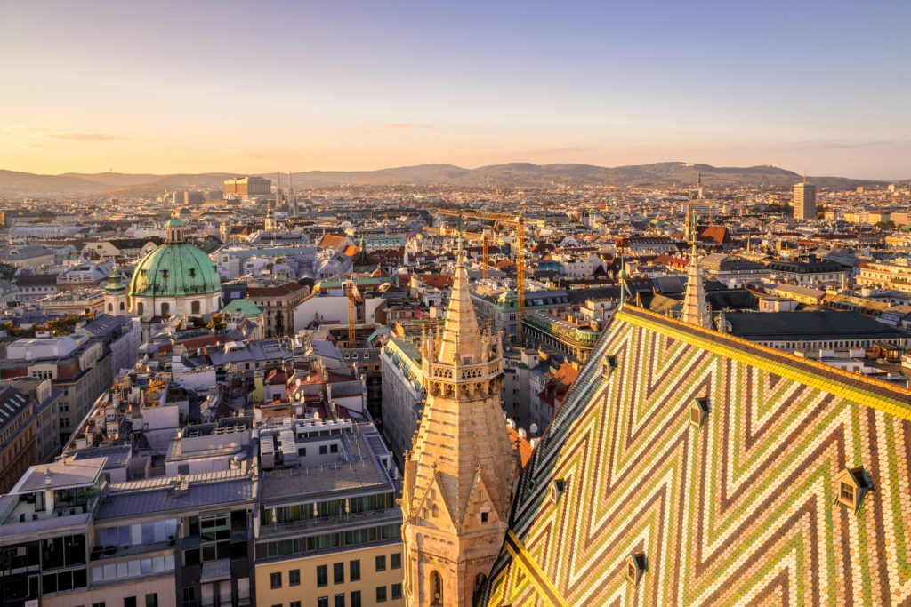 Vienna city view at twilight from St Stephen’s Cathedral