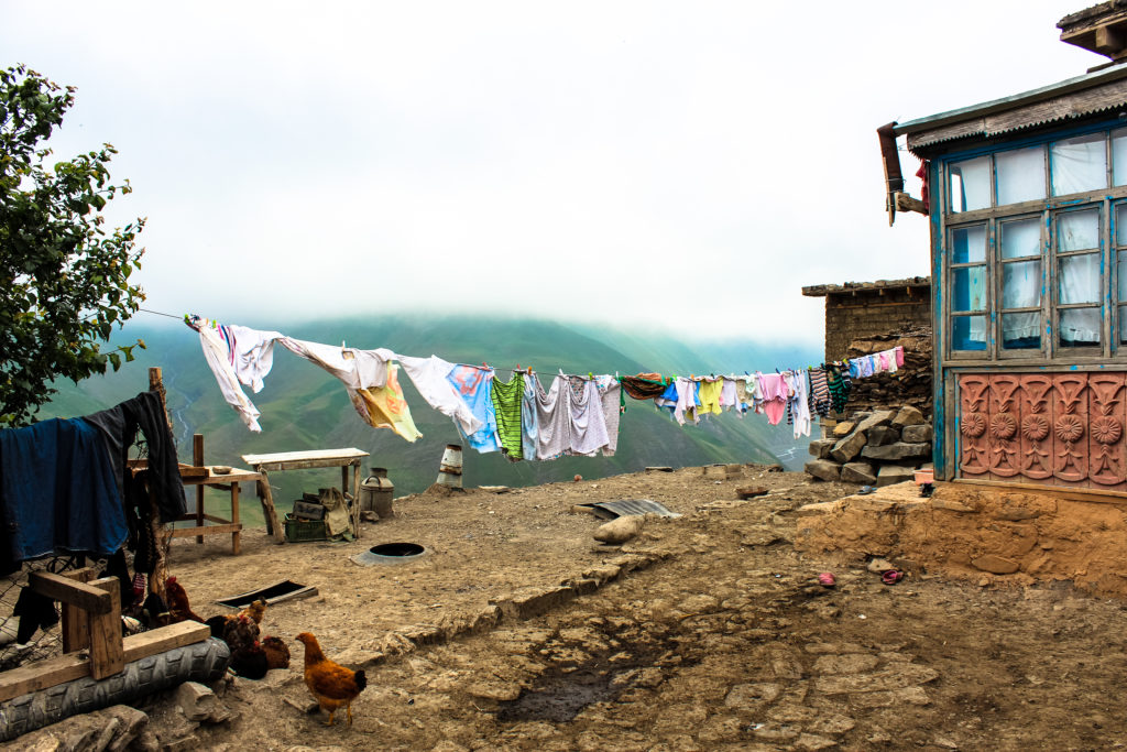 Clothes dry on a washing line in the village of Xinaliq in the Caucasus Mountains, Azerbaijan