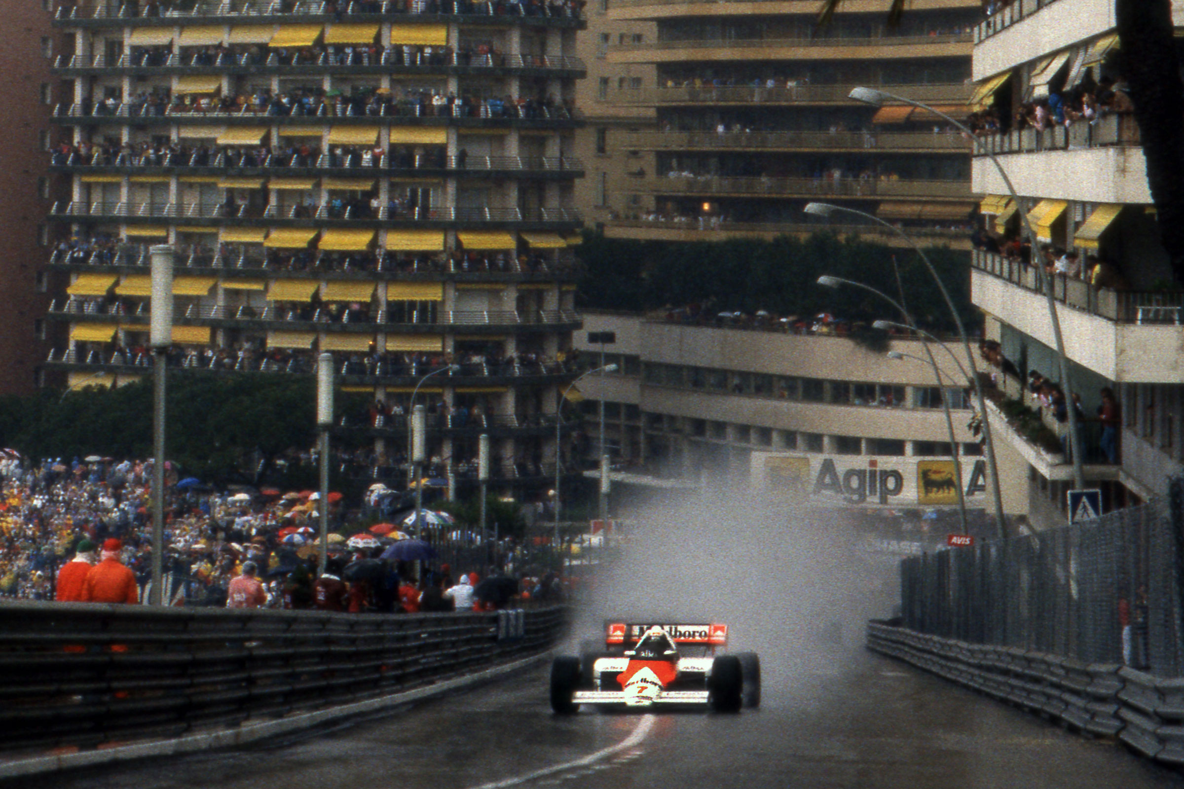 Alain Prost leads the opening lap of the Grand Prix of Monaco on June 3, 1984