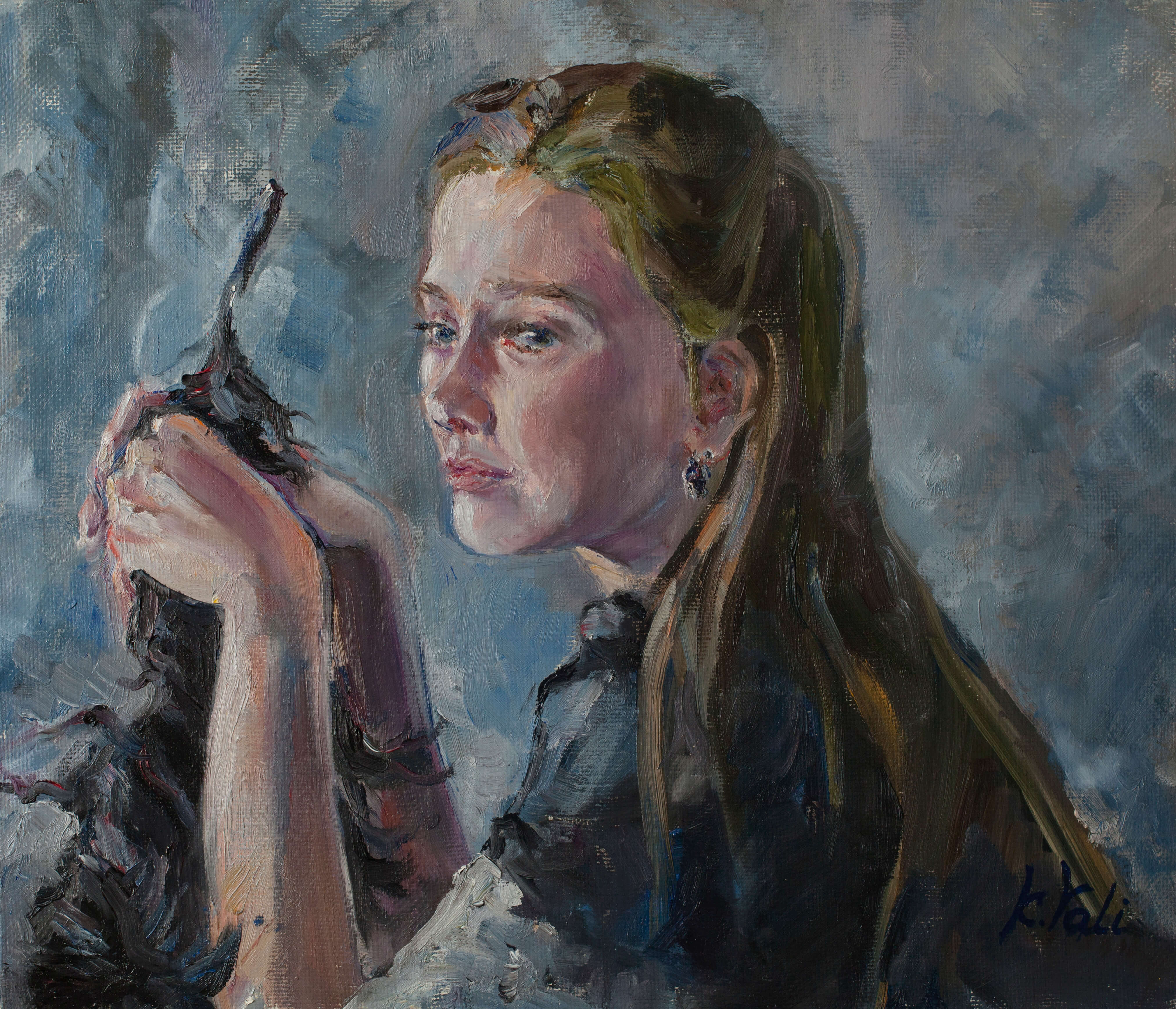 Lady with ostrich feather (2011). Kamilla Valiyeva. Oil on canvas. 50X60cm. 