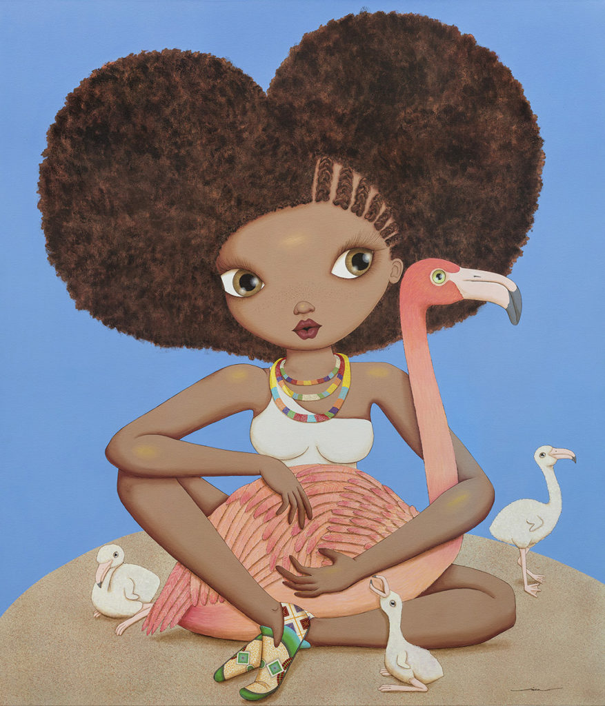 cartoon girl with an afro holding a flamingo with a blue background