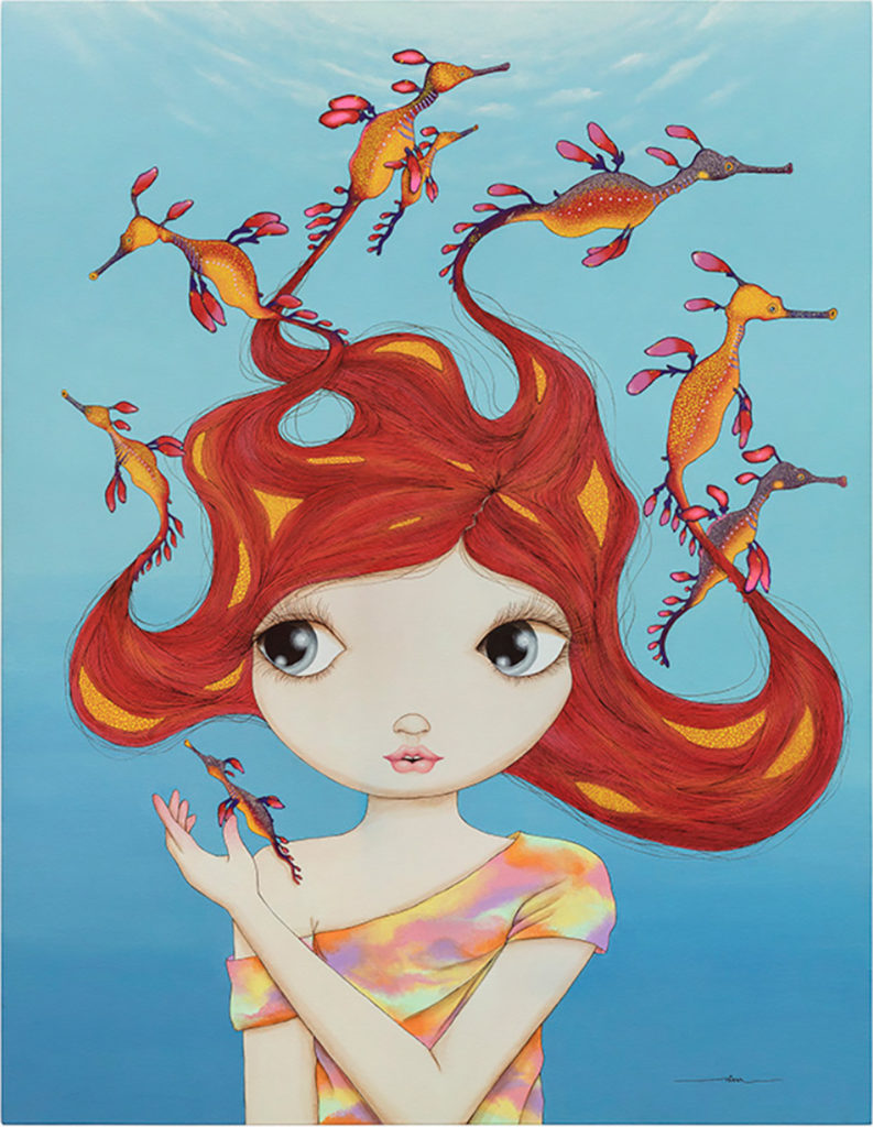 cartoon of a girl with red hair and birds coming out her hair 