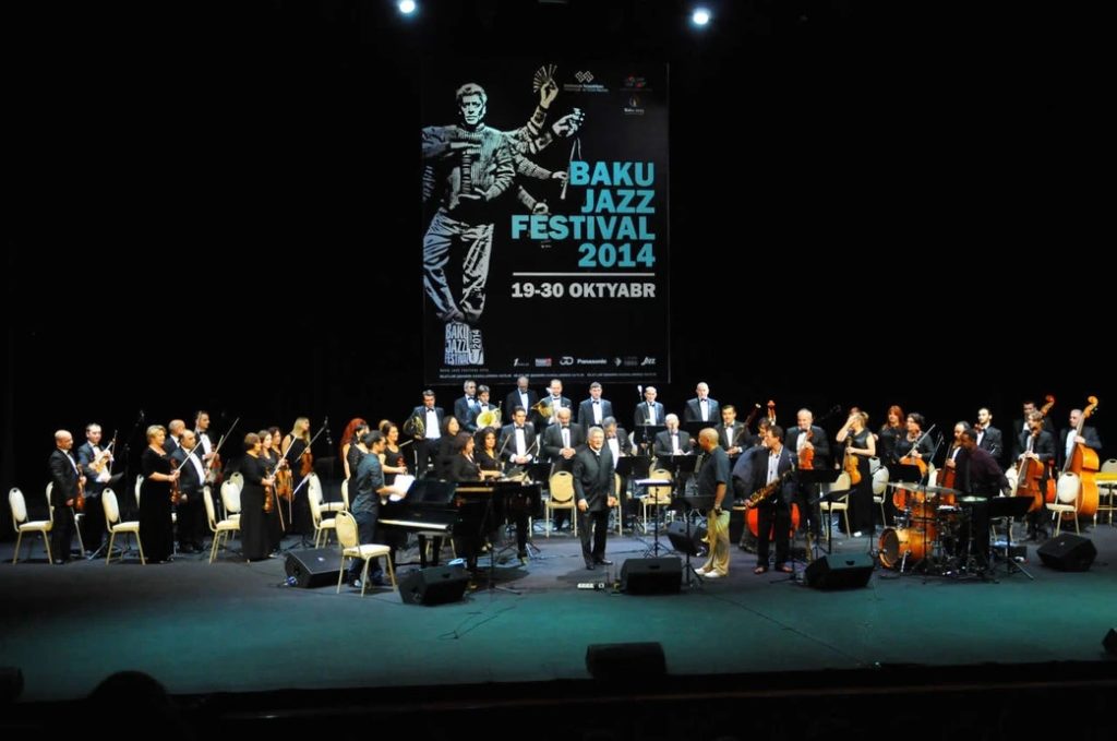 An orchestra on a stage fort he Baku Jazz Festival in 2014
