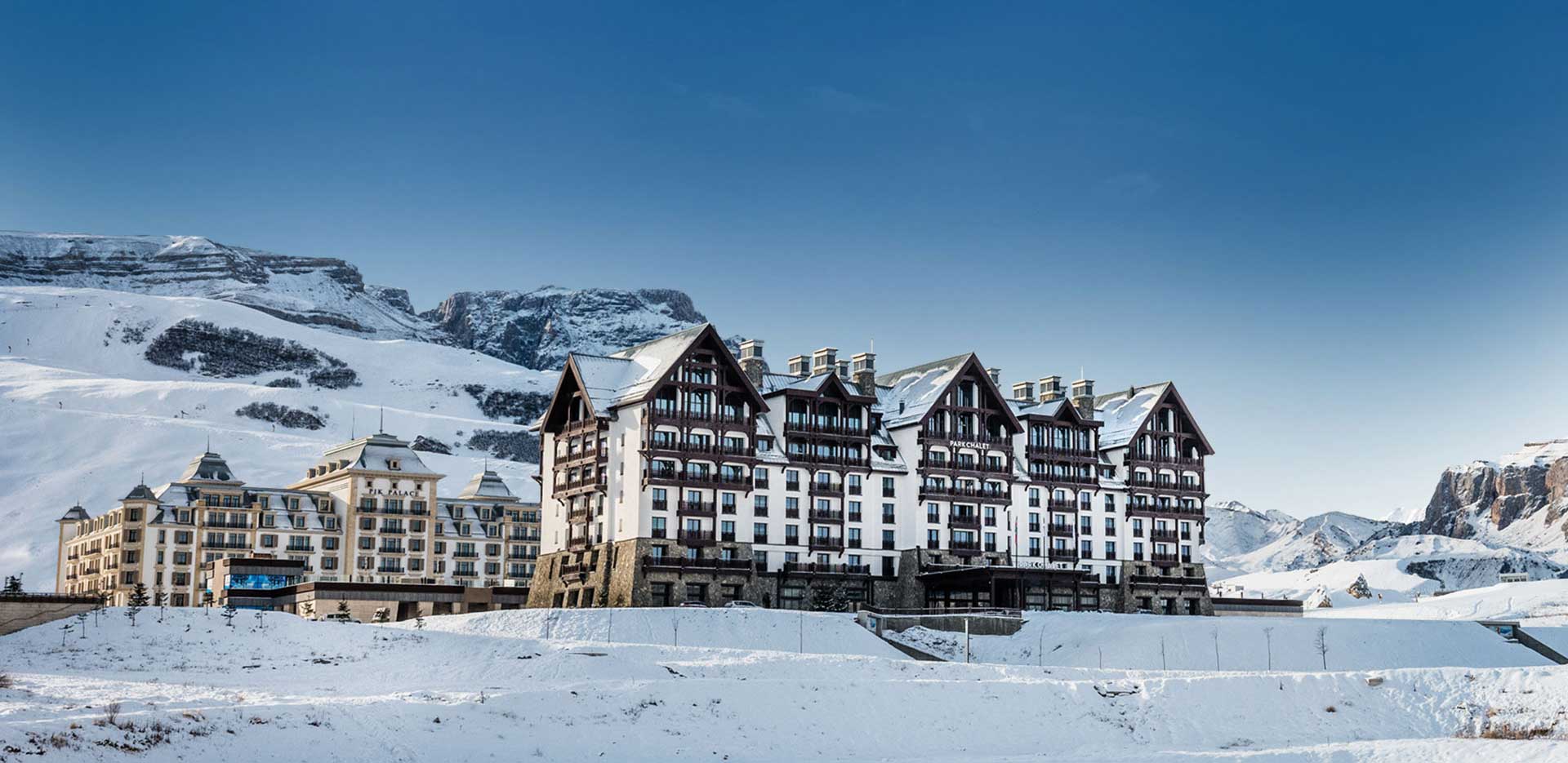 A large hotel in the snow