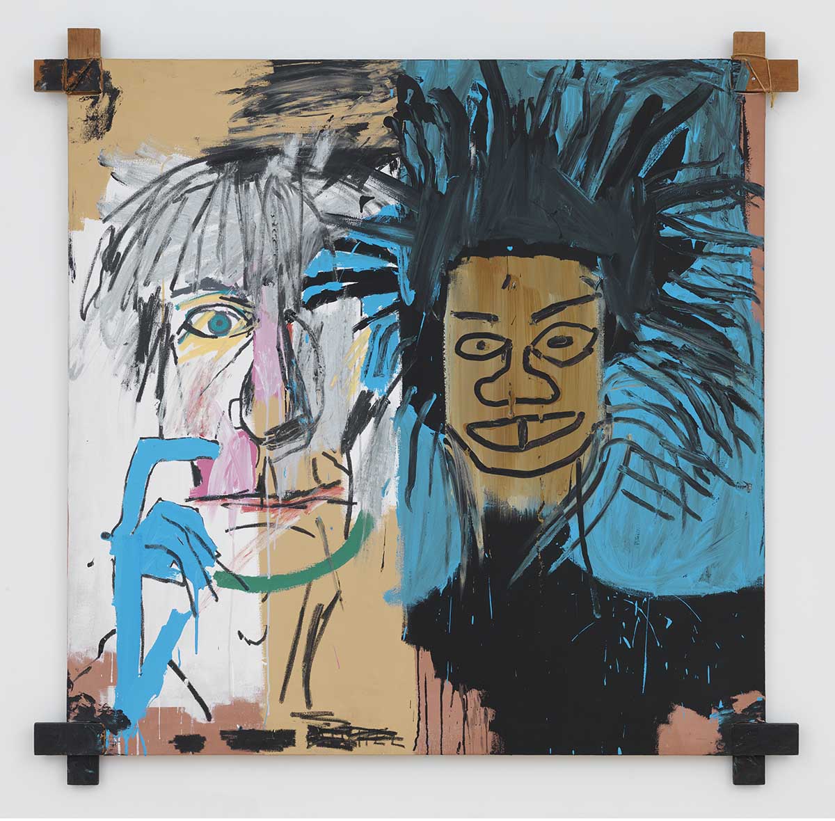 A drawing of two men's faces with crazy hair, one in a blue background and one on a yellow background