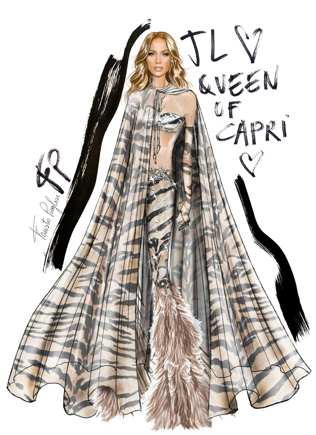 A sketch of Jennifer Lopez wearing a zebra print dress