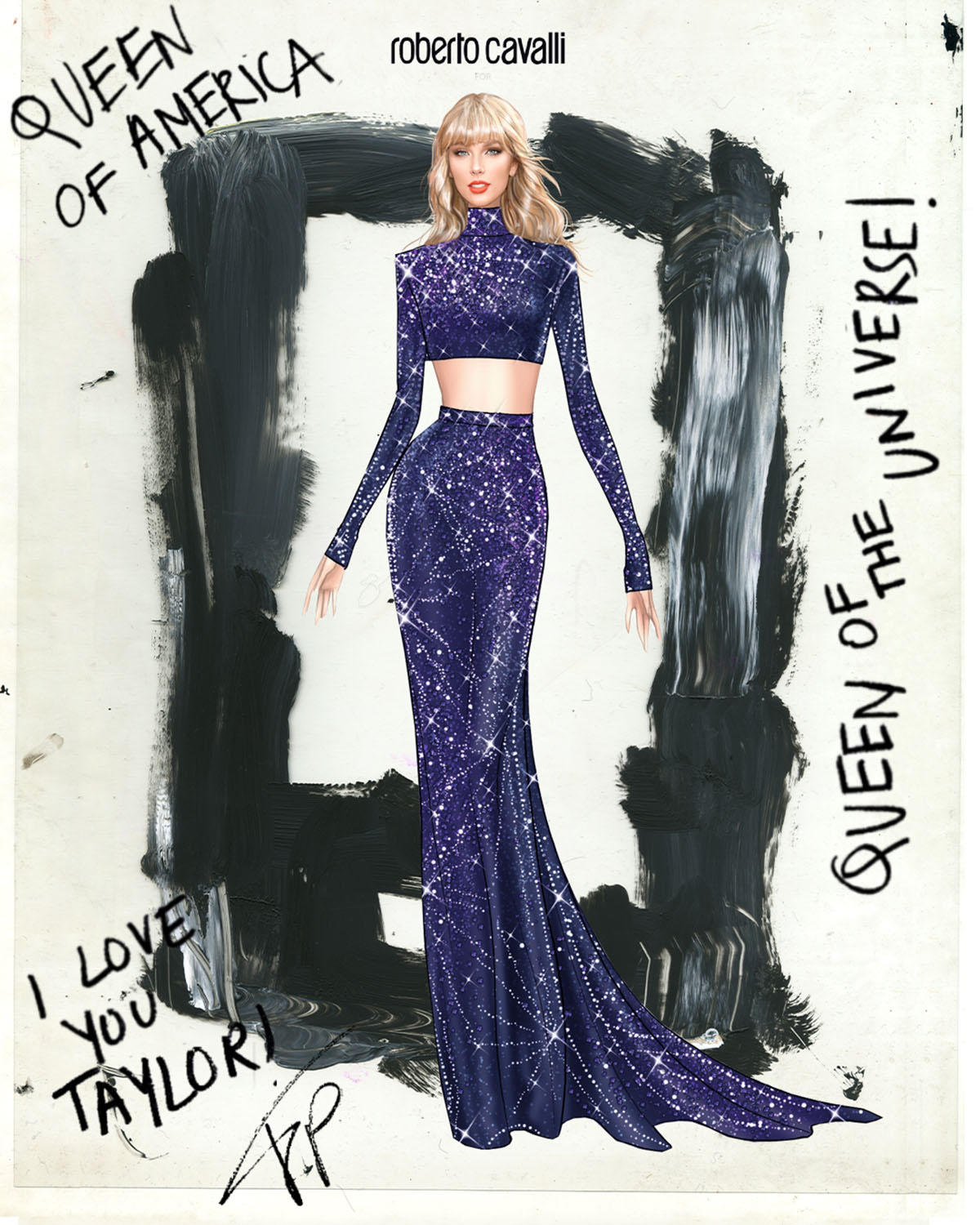 A sketch of Taylor Swift wearing a sparkly indigo long sleeve top and matching maxi skirt 