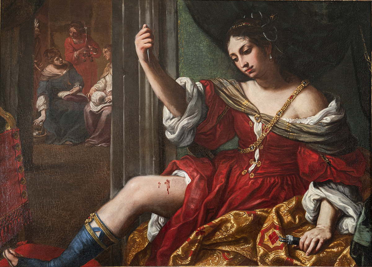 An old painting of a woman wearing a red dress showing her leg