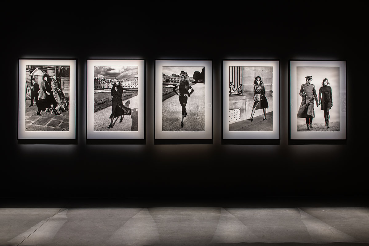 Black and white photos hung on a wall lit up in a dark room